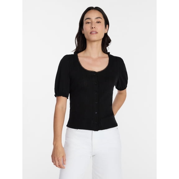 Time and Tru Women's Pointelle Top with Short Sleeves, Sizes XS-XXXL
