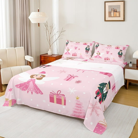 Manfei Merry Christmas Twin Sheet Sets,Xmas Nutcracker Soldier Twin Fitted Sheet,Pink Princess Elf Flat Sheet For Child,Breathable Home Decor,3 Pieces