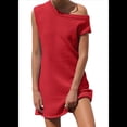 thumbnail image 2 of Vestido Mini de Punto Elástico con Hombros Descubiertos y Mangas para Mujer, Vestido Holgado para Vacaciones, Atuendo Liso. Rojo L, 2 of 7