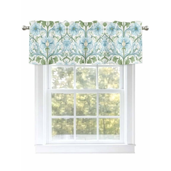 Blue Green Spring Floral Curtain Valances for Windows, Summer Botanical Country Kitchen Valance Window Treatment, Light Filtering Block Curtains for Bathroom/Bedroom/Living Room 60'' x 18''