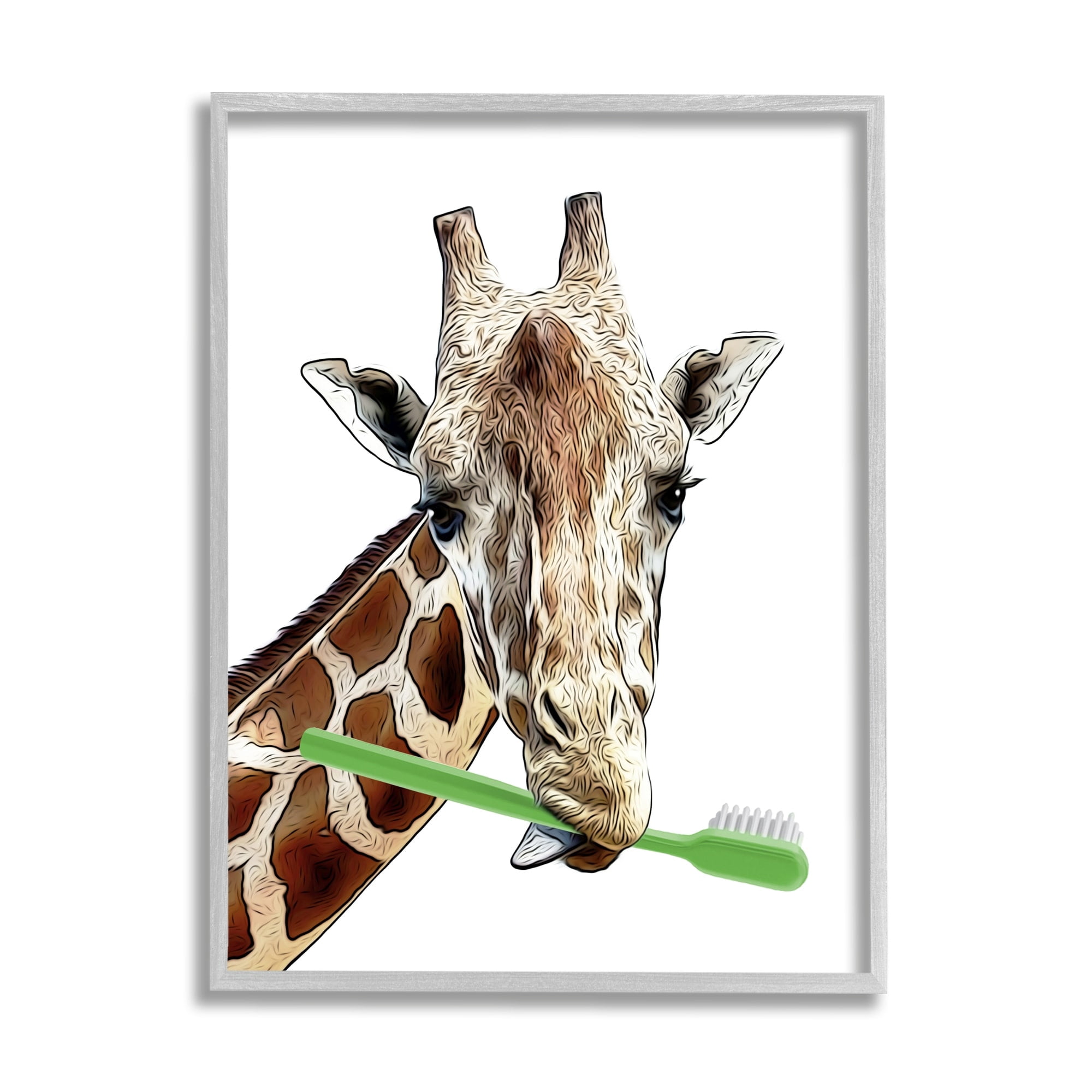 Stupell Industries Giraffe Green Toothbrush Bathroom Animals & Insects Painting Gray Framed Art Print Wall Art