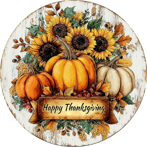 Noete 12x12 Inch Round Happy Thanksgiving Pumpkin Wreath Metal Tin Sign, Fall Harvest Wall Decor for Front Door, Living Room & Dining Room