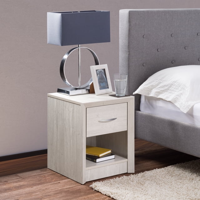 CorLiving Newport Mid-Century Modern Engineered Wood Adult Nightstand with Drawer and Open Cubby, White Washed