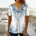 thumbnail image 2 of Feancey Birthday Gift Going Out Tops for Women Trendy Print Pleated Blouse Henley V-Neck Short Sleeve T-Shirts Button Up Casual Office Work Tees Multicolor XXXL, 2 of 6