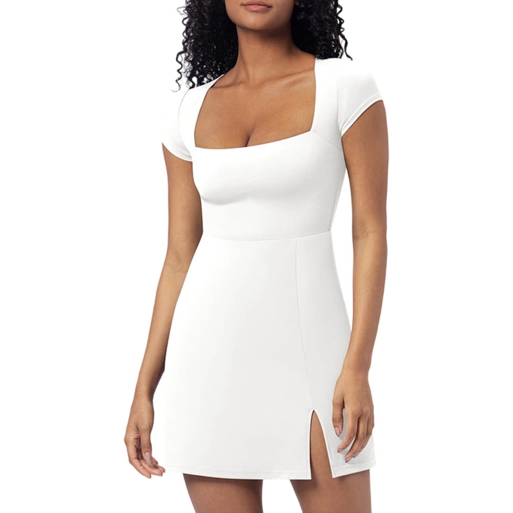 adaychics Women's Tennis Dresses Square Neck Split Summer Casual Tennis Dress Short Sleeve Athletic Mini Dress for Running