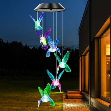 Rirool Color Changing LED Solar Hummingbird Wind Chime - Waterproof, Six Hummingbirds for Home, Party, Night Garden Decoration
