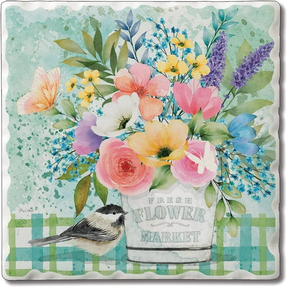 Absorbent Stone Tumbled Tile Coasters, Fresh Flower Market, Set of 4