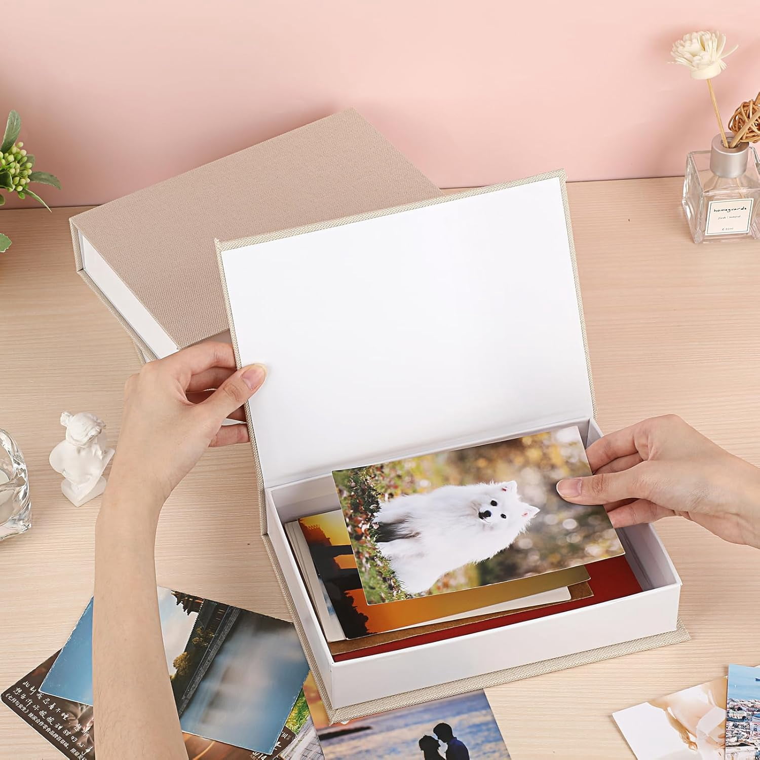 ABPETE 3 Pcs Faux Book Box for Decoration Beige Neutral Linen Photo Storage Boxes Memory Box with Magnetic Lid for Keepsake Home Decor Boxes for Bookshelf Coffee Table