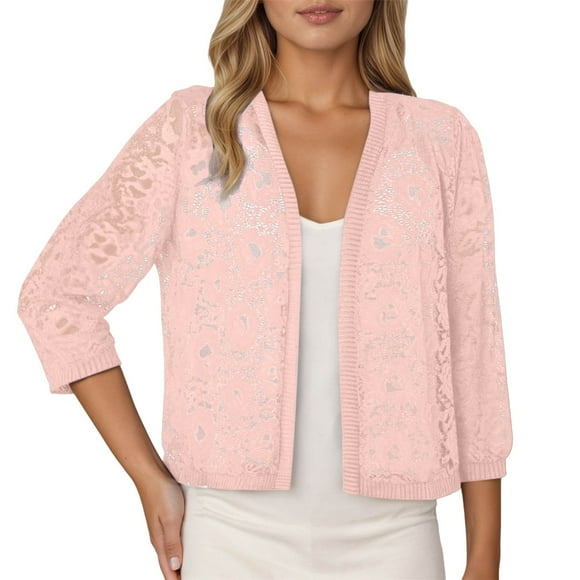 Aocisk Women's Elegant Lace Cardigan Short Sleeve Knit Sweater Lightweight Comfortable Casual Tops for Ladies Pink M