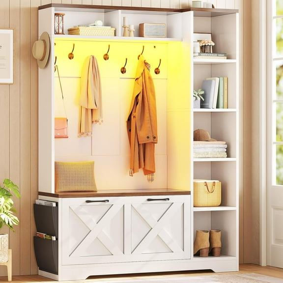 Hall Tree with Bench, Farmhouse Hall Tree with Coat Rack & 7 Open Shelves, Entryway Bench with Storage, Shoe Cabinet with Flip Drawers, Wood Hall Tree with Storage Bag for Living Room, White