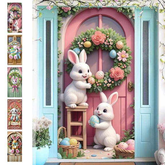 Djunllk Easter Door Cover - Fine Bunny Eggs Pattern Easter Theme Spring Decor for Holiday Party Room Wall Front Door Outdoor Indoor, 70.8 x 35.4 inch