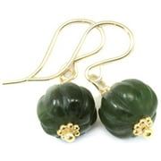 SPYGLASS DESIGNS 14k Gold Filled Nephrite Green Jade Earrings Round Carved Pumpkin Shape Dangles Goldtone Accents Simple Drops Designed for Adult Women and Teen Girls