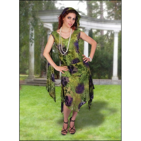 Burnout Velvet Medallion Design Dress, Eggplant Multi Color - Medium