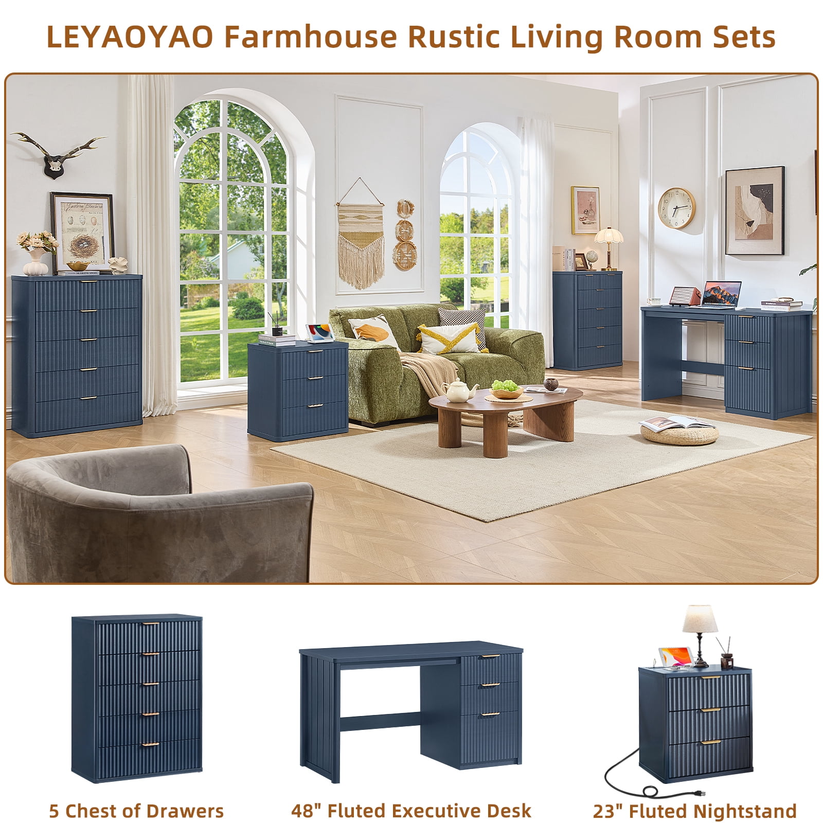 Joaxswe 48" Fluted Executive Desk, Modern Wood Home Office Desk with Storage Cabinet & File Drawer, Writing Study Computer Table for Work Study, Navy