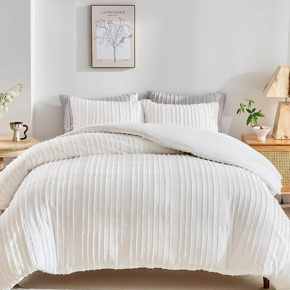 White Boho Duvet Cover Set, Striped Textured Tufted Bedding Set, Ultra Soft Washed Microfiber with Zipper Closure