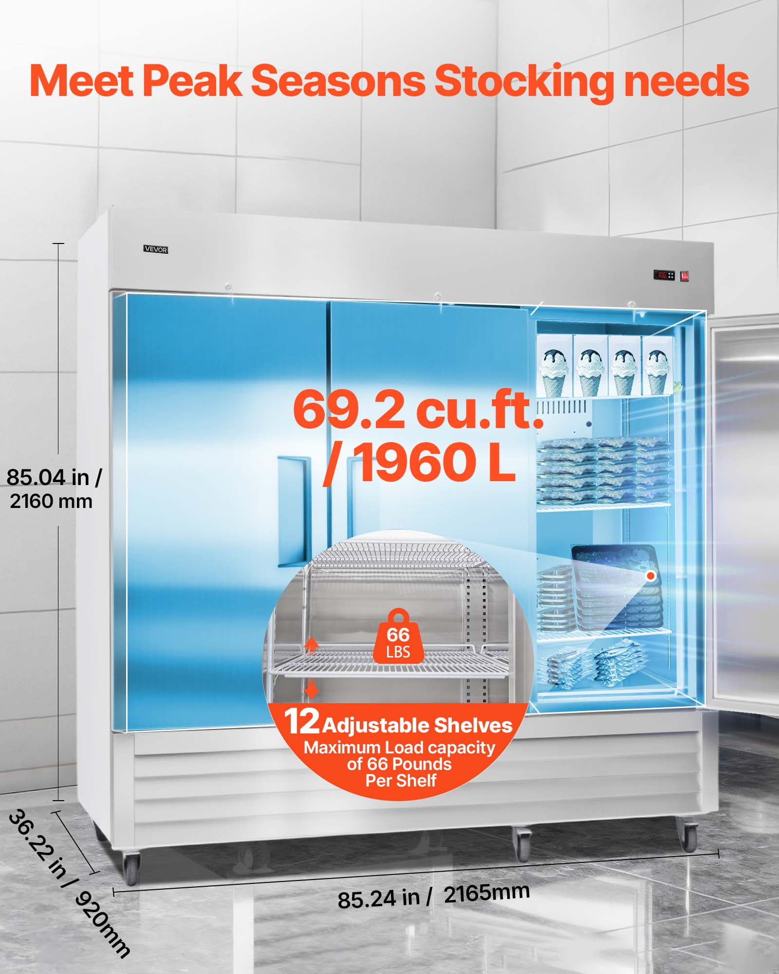 VEVOR Commercial Reach-In Freezer 85" W, 69 Cu.Ft Stainless Steel Upright Freezer with Three Doors, Auto-Defrost, 12 Adjustable Shelves,  -11 to 14℉ Temp Control, ETL Certified