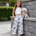 thumbnail image 5 of COEQINE Girls' Casual Pants Elastic Waist Ruffled Long Pants Wide Leg Trousers Printed Pants Baggy Trendy Streetwear for Tween 9-10 Y, Blue Gray Rose Leaf, 5 of 8