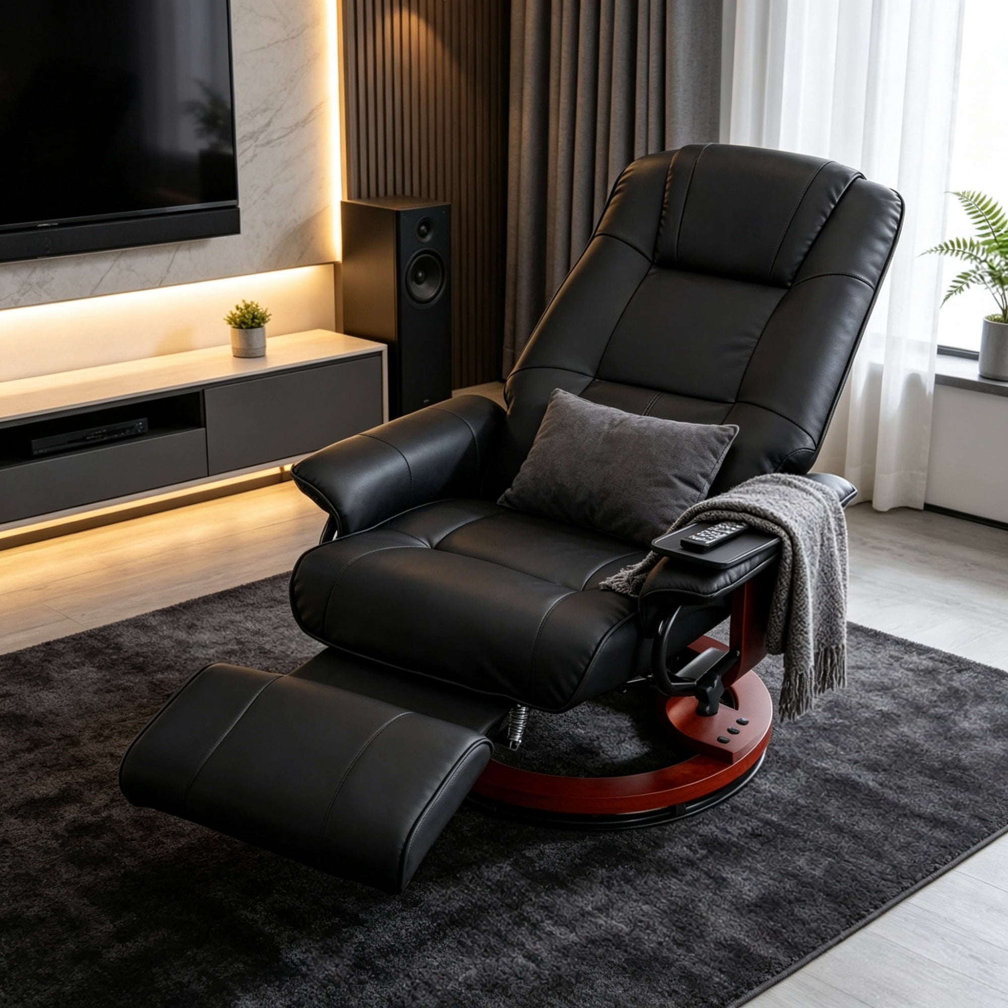 Black Manual Swivel Faux Leather Lounge Chair with Footrest and Armrest