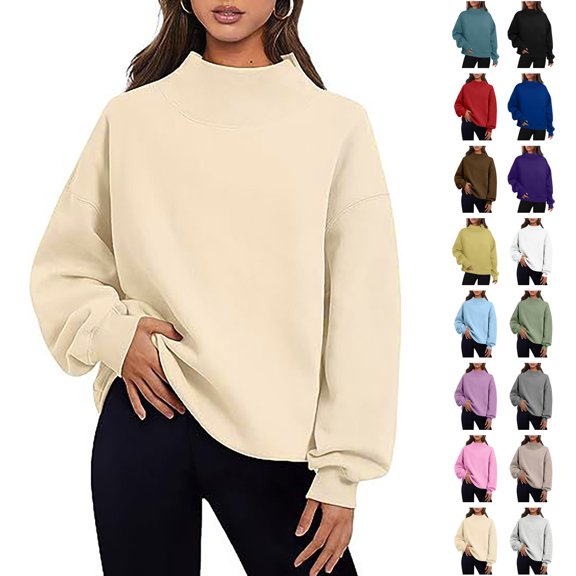 Husipze Mock Neck Sweatshirts for Women Oversized Pullover Lightweight Casual Solid Color Long Sleeve Fall Outfits Beige L