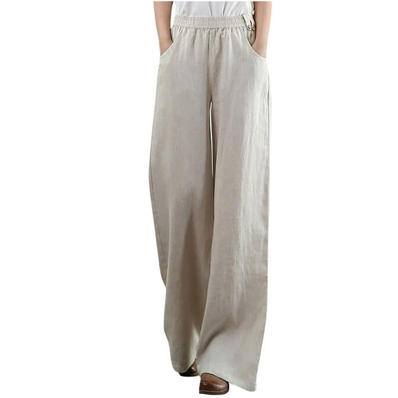 Timegard Cotton Linen Pants for Women Wide Leg Elastic High Waisted Casual Loose Trousers with Pockets