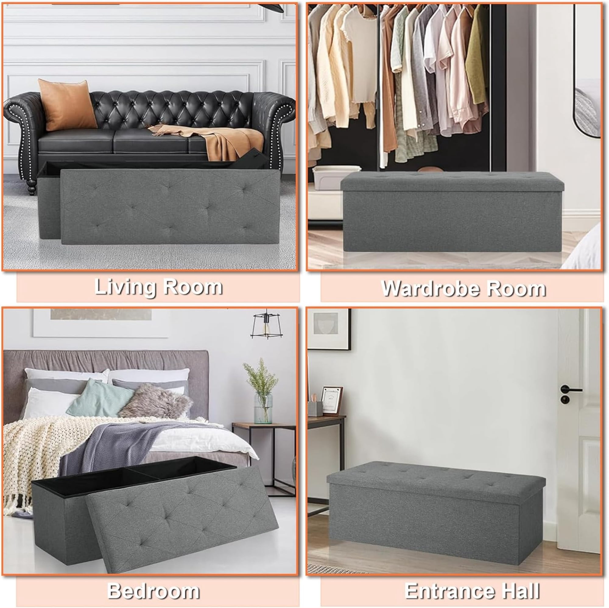 43" Storage Ottoman Bench, Folding Storage Bench Ottoman with Lid, 400 lbs Capacity, Fabric Seat Footrest for Bedroom Living Room Entryway, Grey