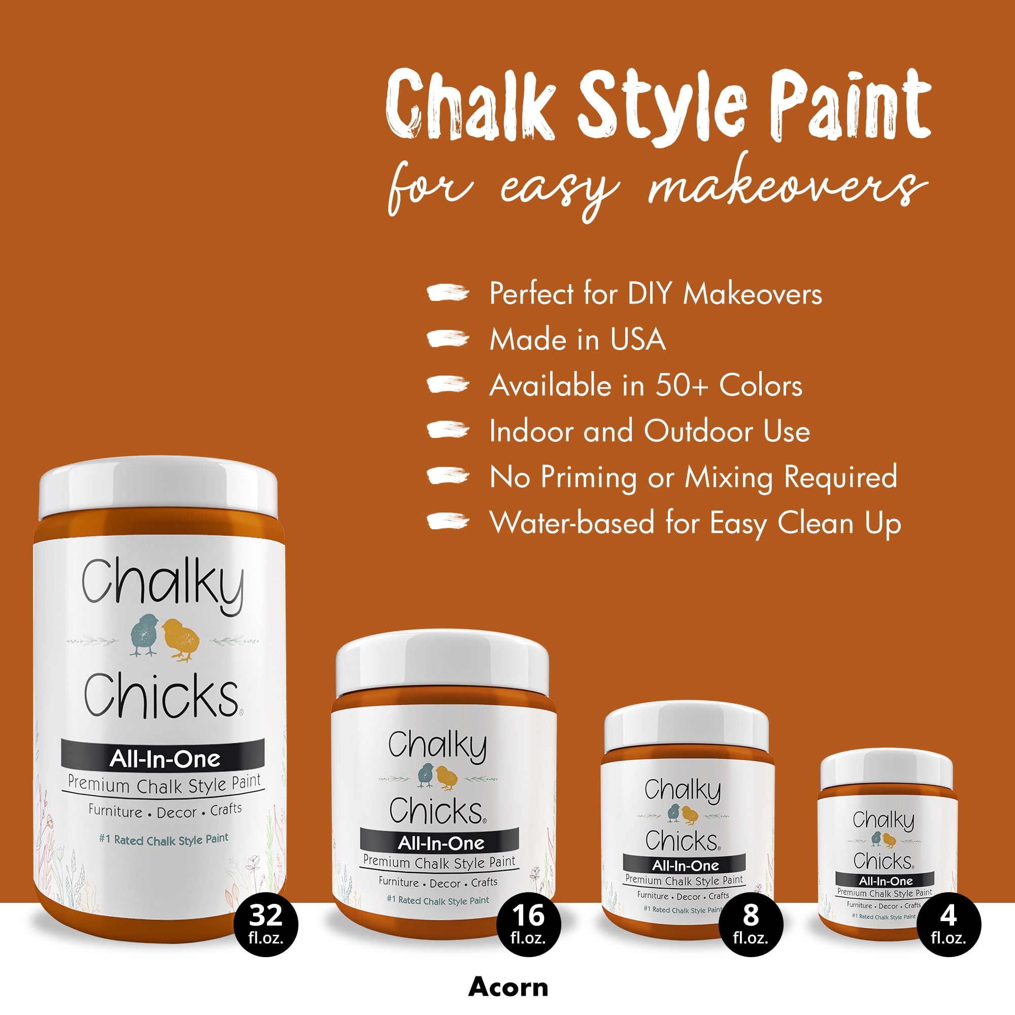 Chalky Chicks 4 Fl Oz Matte Acorn Orange Chalk Paint for Furniture Without Sanding - No Prep Furniture Paint No Sanding All in One for Crafts, Wood, Cabinet, Walls, Metal, Dresser, Farmhouse