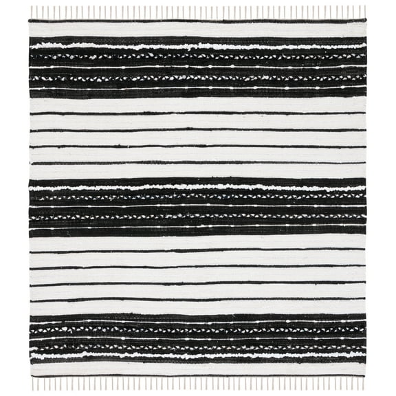 SAFAVIEH Striped Kilim Cedric Striped Cotton Area Rug, Black/Ivory, 6' x 6' Square