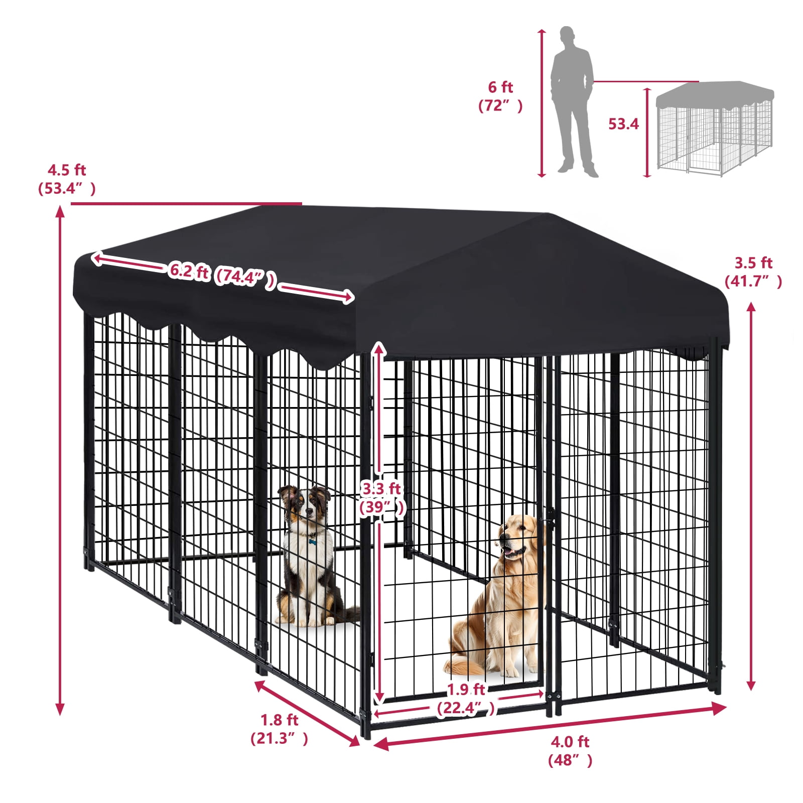 Jhsomdr Outdoor Dog Kennel 6.2ft x 4ft x 4.5ft Heavy Duty Large Wire Dog Fence Outside Dog Playpen with UV-Resistant Oxford Cloth Roof & Secure Lock