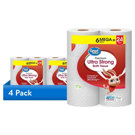 (4 pack) Great Value Ultra Strong 2-Ply Toilet Paper, 6 Mega Rolls, Compare to Charmin® Ultra Strong™