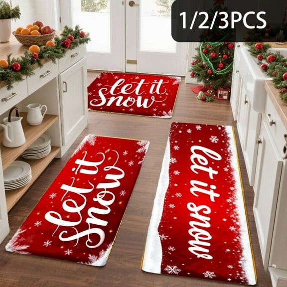 3PCS Kitchen Mat set, Welcome Door Flannel Rug,Home Decor for Front Door,Kitchen, Bathroom, Let It Snow Red With White Snowflakes Pattern ,Great Thanksgiving Day