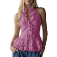 thumbnail image 2 of ClodeEU Women's Halter Neck Sleeveless Ruff Trim Peplum Blouse, Button Solid Color Tank Top for Summer Purple,Women's Plus L, 2 of 6