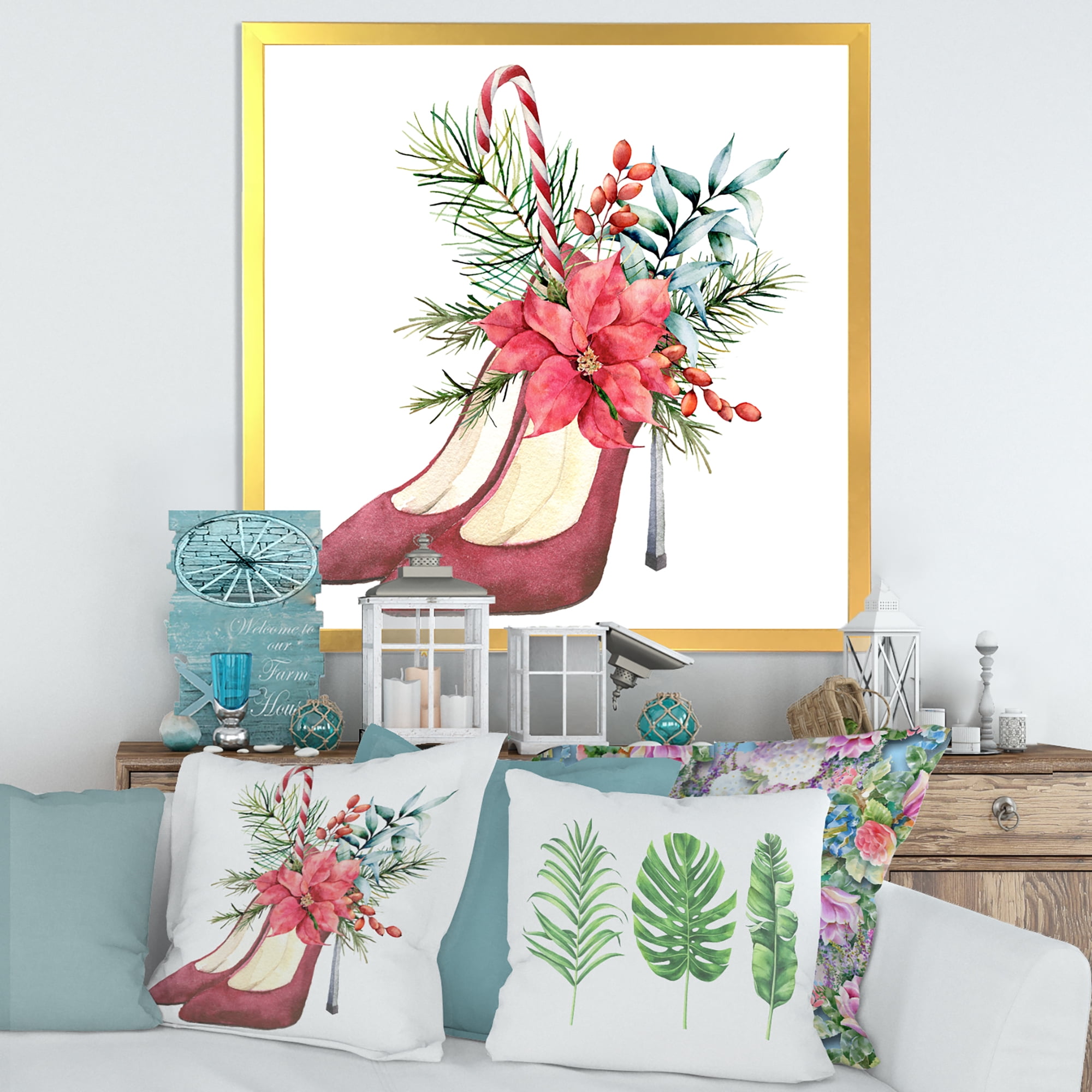 Designart 'Red Suede Heeled Shoes With Christmas Red Floral Decor' Traditional Framed Art Print