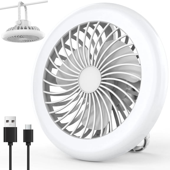 VOLIVO Rechargeable Camping Fan with Light, 3-in-1 Hanging Desk Fan Lantern with 3 Speeds & 3 Lighting Modes, USB Battery Powered LED Portable Fan for Outdoor Tent, Office, Home, Emergency, White