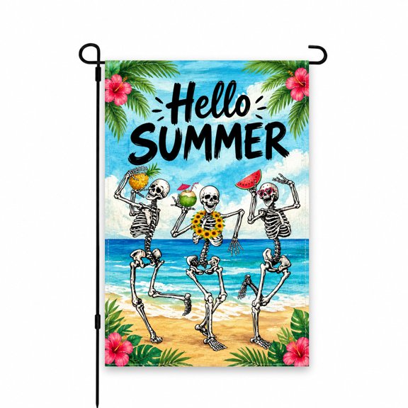 Skeleton Beach Party Garden Flag 12x18 Inch for Summer Patio & Yard Decor, Vibrant Tropical Colors, Perfect for Outdoor Display With Compatible Stand