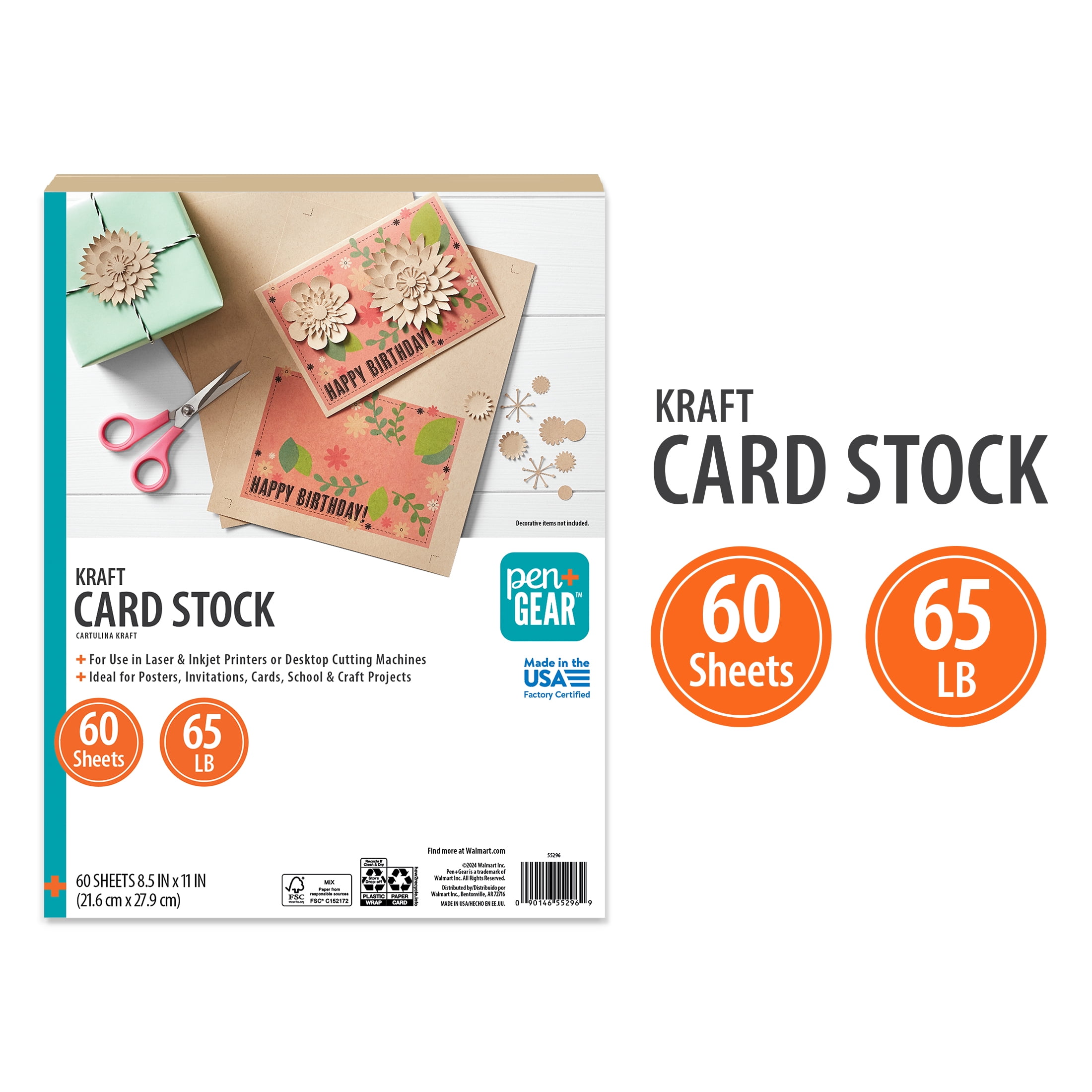 Pen+Gear Kraft Card Stock Paper, 8.5 in x 11 in, 65 lb/176 gsm, 60 Sheets