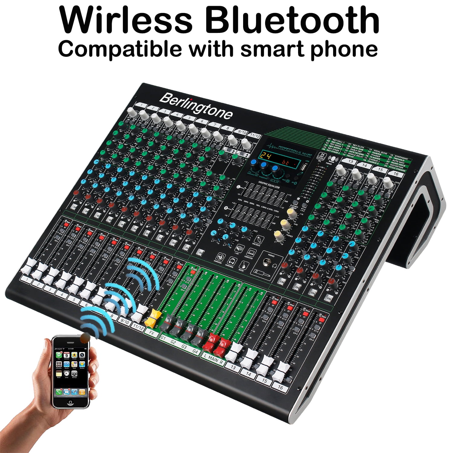 Berlingtone BR-216MX,16-Channel Professional Bluetooth Audio Mixer, PC Recording, 24 DSP Effects,48V Phantom Power,14 Microphone Jack, 2 Stereo Input Soundboard,14 band EQ, RCA Input/Output, Unpowered