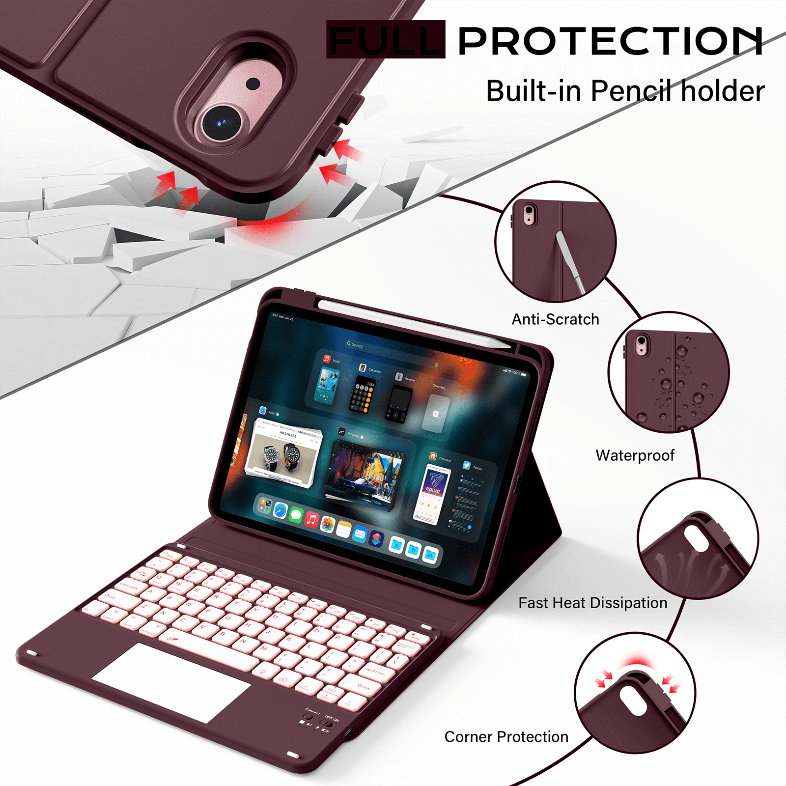 Kenke Keyboard Case Compatible for iPad (A16) 11/10th Generation 11/10.9 inch 2025/2020,Folio Cover with Pencil Holder, Multi-Touch Trackpad,7 Color Backlit,Detachable Bluetooth Keyboard, Dark Cherry
