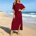 thumbnail image 6 of THDHVS Long Dresses for Women,Solid Color One Shoulder Dress with Cross Waist Elastic Hem Split Hem Pocket Design Casual Beach Summer Outfit,Summer Dress Wine M, 6 of 10