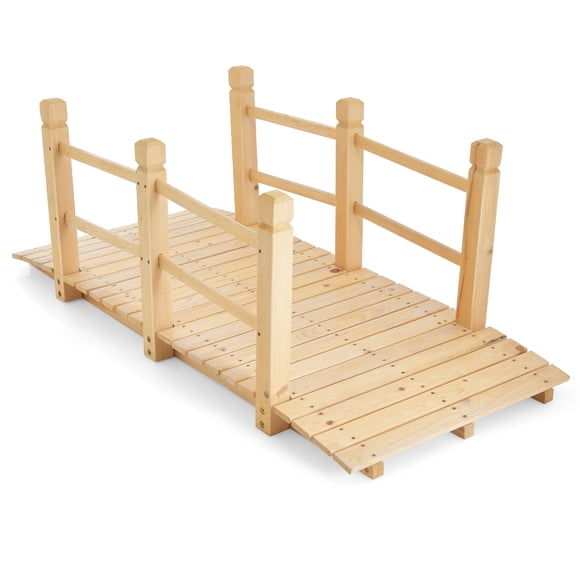 Costway 5' Wooden Garden Bridge Arc Stained Finish Footbridge Backyard Pond Decorative