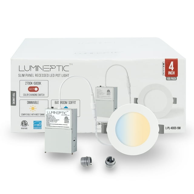 LUMINEPTIC 4 Inch 100 Pack 5CCT Dimmable Slim Recessed LED Pot Lights, Selectable Colors, Bathroom & Damp Locations