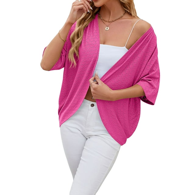 Pudcoco Cardigan Léger pour Femmes, Ouvert à l'Avant, Manches Coudées, Cardigan à Œillets, Printemps Été, Doux, Décontracté, Drapé