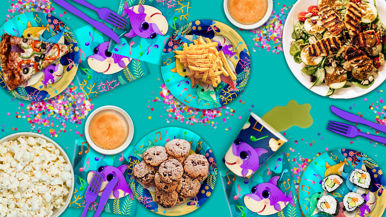 Colorful Musical Shark Party Supplies for Baby's 1st Birthday, Kid's Birthdays, and Baby Shower Shark Themed Parties - Tableware Sets with Plates, Napkins, and Cups | Kit for 16