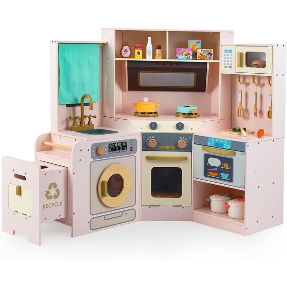 OLAKIDS Corner Kids Kitchen Play Set, Toddler Wooden Pretend Toy Cooking Set with Range Hood Dishwasher Trash Bin Light Sound Stove Storage Cabinet, Realistic Play Kitchen Gift for Boys Girls