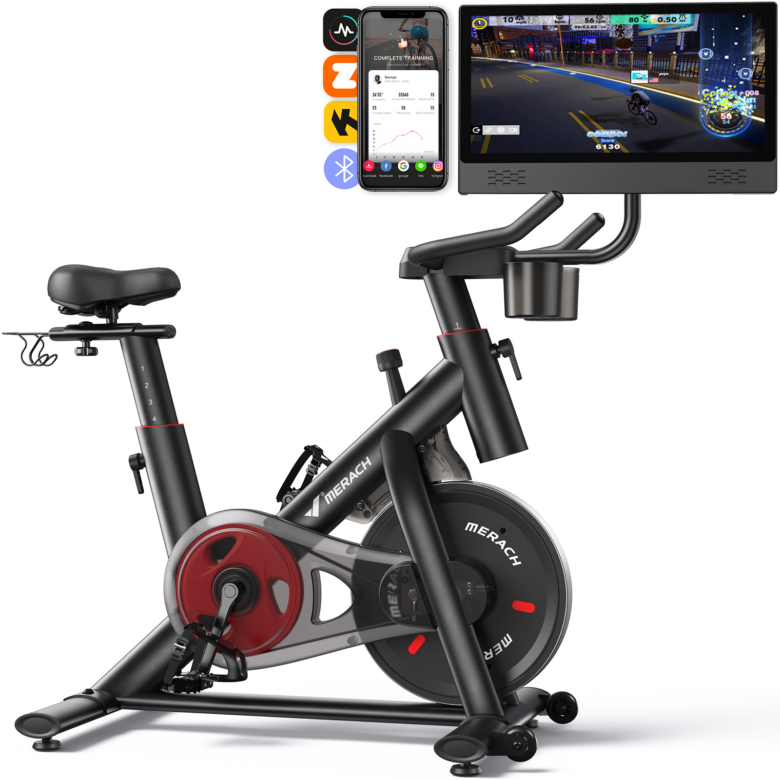MERACH Stationary Exercise Bike with 1080P HD screen Low Noise for Indoor Workout Cycling Bike with 330lbs Weight Capacity Flywheel Weight 40lbs