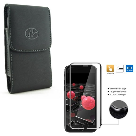 Compatible With iPhone 8 7 6S 6 - Black Vertical Leather Phone Case w Tempered Glass Screen Protector Full Cover w Silicone Edge