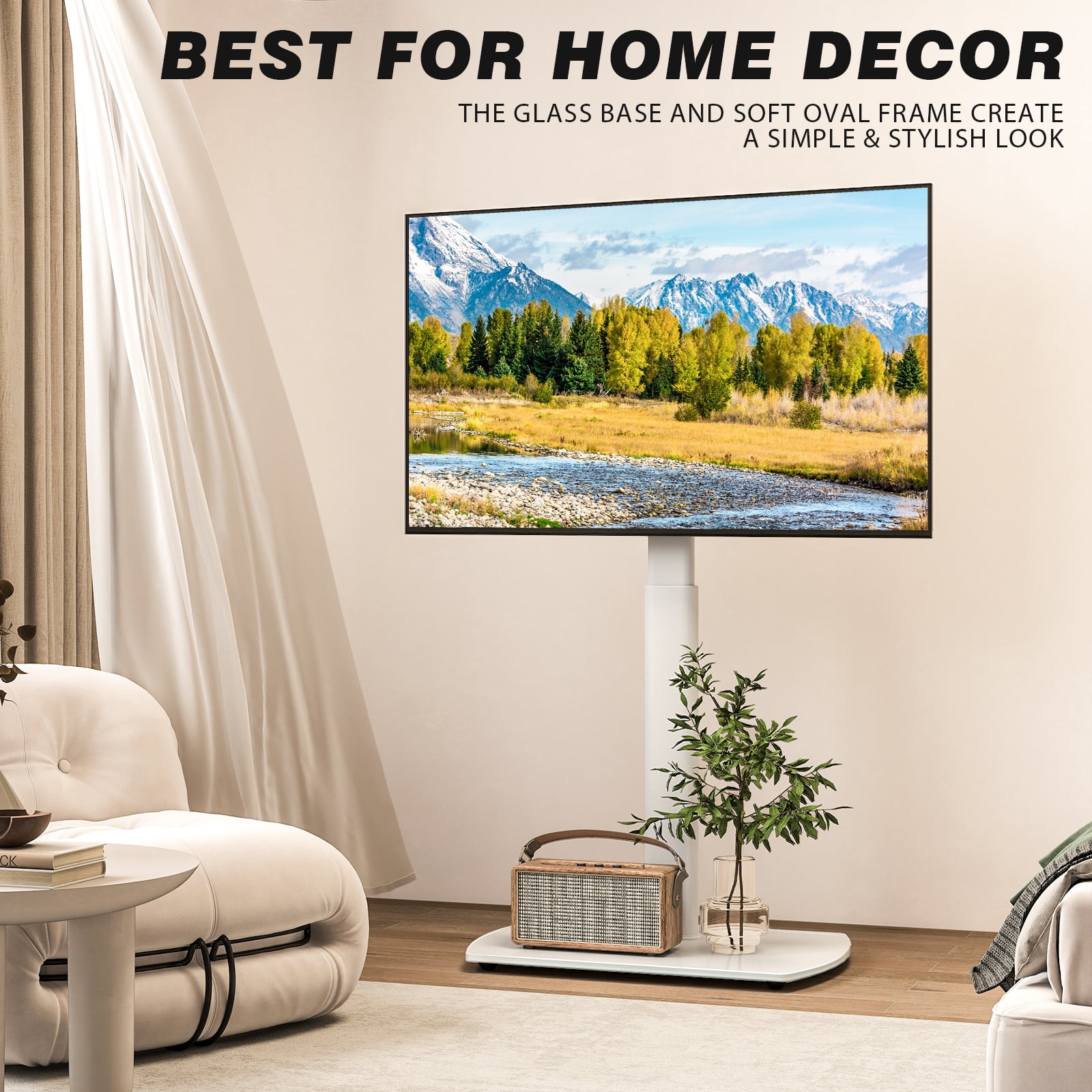 RTVR Modern Swivel Floor TV Stand for 27 to 70 inch Flat Curved Screens, Glass Base with Apple TV Roku Ultra Mount, White