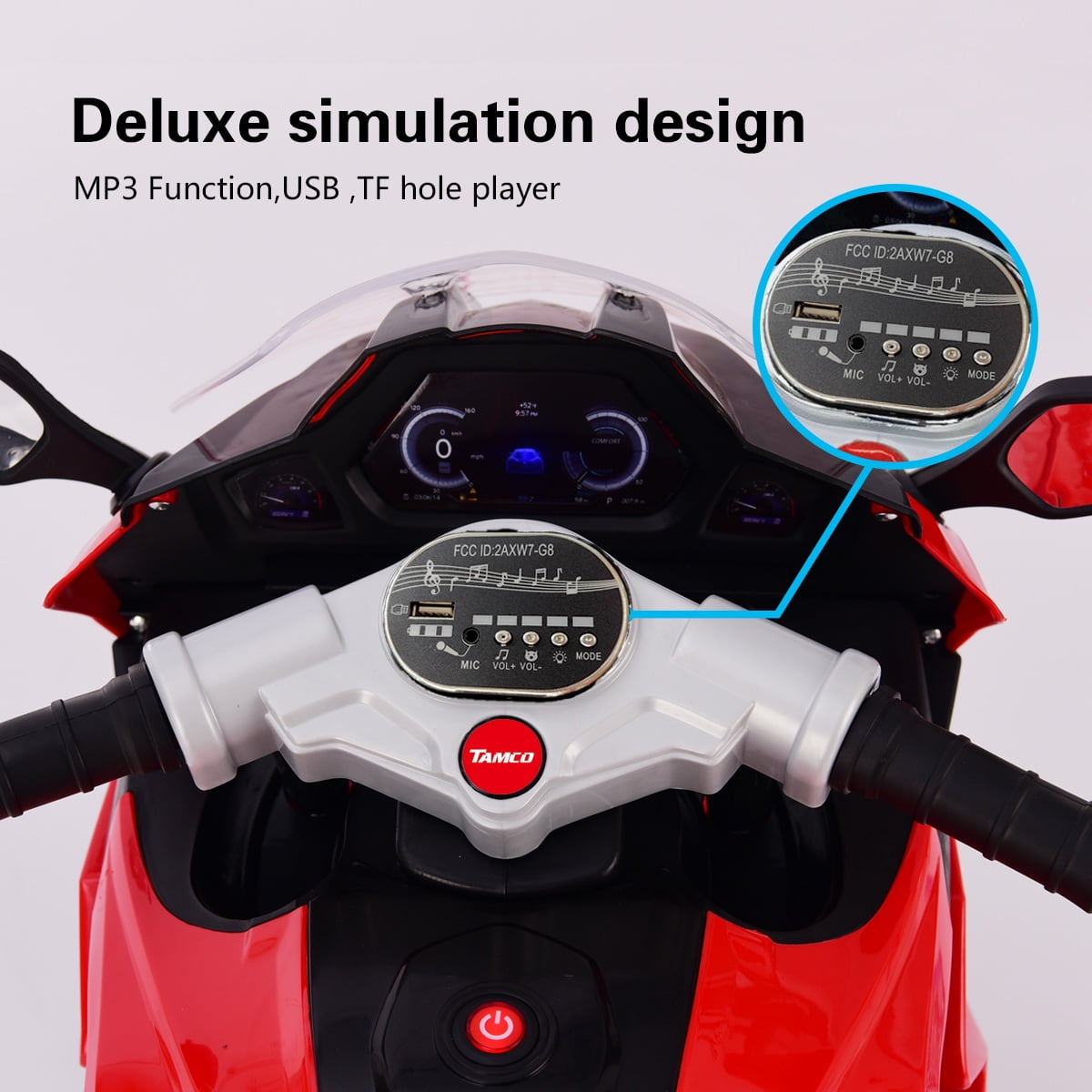 POVANLI  12V 3-Wheel Kids Ride on Electric Toy Motorcycle with Foot Pedal Control, Slow Start, Power Display, Lighting Wheels, MP3, USB, Bluetooth for Children Aged 3-5, Gift (Red)