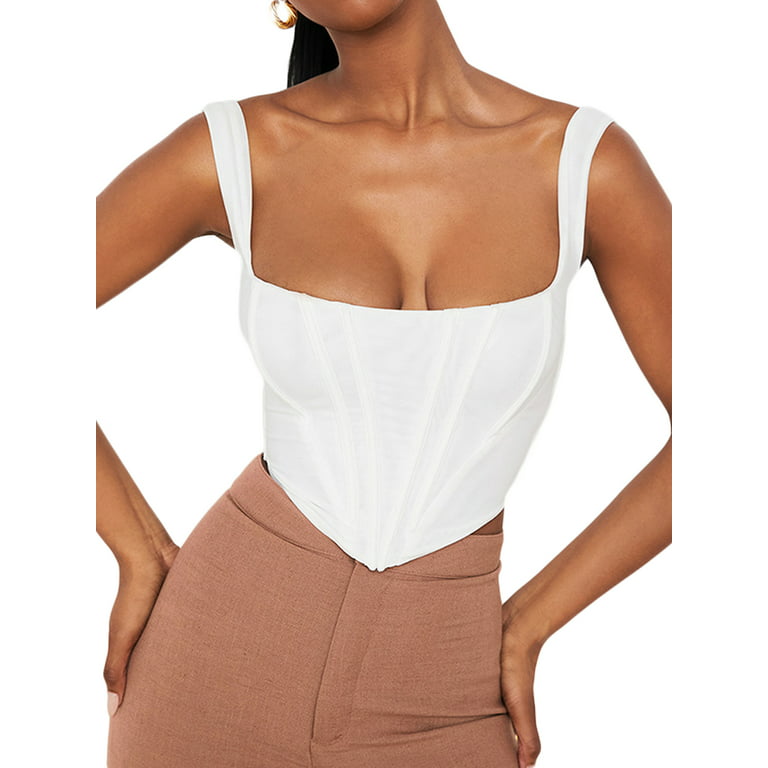 AMILIEe Women Sleeveless Bustier Crop Tops Square Neck Solid Color