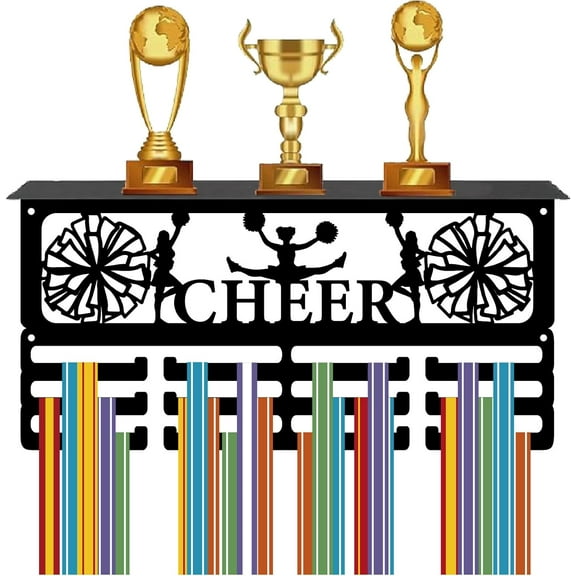 Cheer Medal Holder Black Cheerleader Medal Hanger Trophy Shelf Display with 12 Hooks Metal Medal Display for Wall Mount Hold 60  Sports Medals Organizer Rack 15.7x8x4Inch