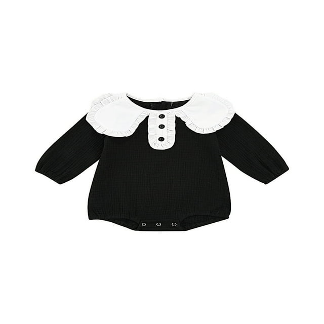 Autumn Baby Girls Cute Rompers Ruffles Collar Long Sleeve Solid Color Button Jumpsuits Clothes Black 6-12 Months